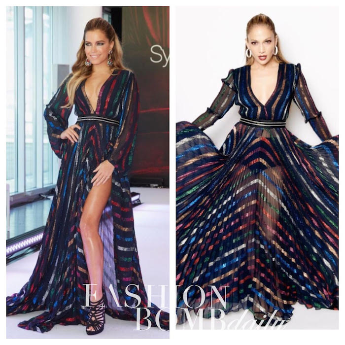 Who Wore It Better? Sylvie Meis vs. Jennifer Lopez in Blumarine’s Long-Sleeve Plunging Multicolor Stripe Slit Gown