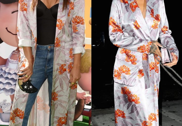 Who Wore It Better? Tia Mowry-Hardrict vs. Rihanna in Dries Van Noten’s Long Orange Lilac Lotus Blossom Print Satin Robe Dress