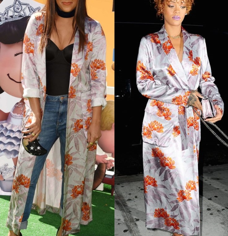 Who Wore It Better? Tia Mowry-Hardrict vs. Rihanna in Dries Van Noten’s Long Orange Lilac Lotus Blossom Print Satin Robe Dress