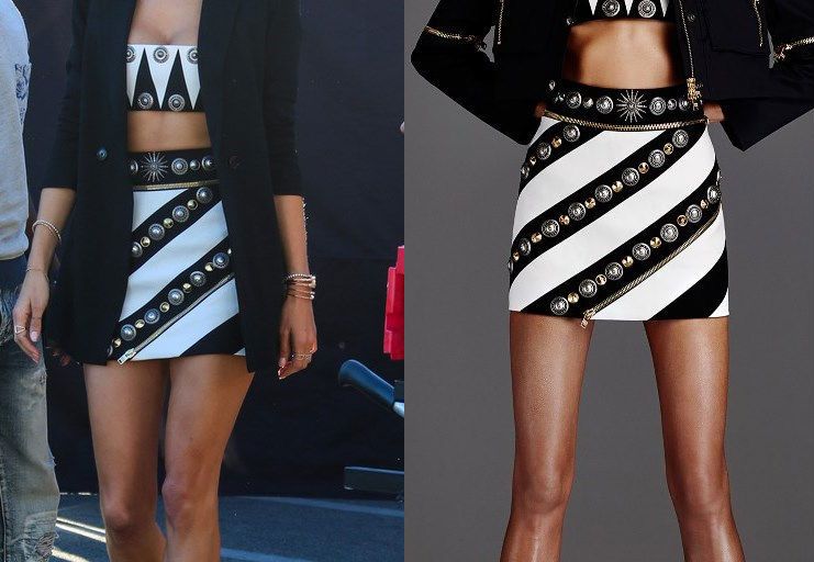 Hot! or Hmm… Alessandra Ambrosio’s Extra Fausto Puglisi Resort 2016 Black and White Stripe and Embellished Bandeau and Mini Skirt