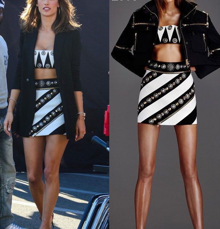 Hot! or Hmm… Alessandra Ambrosio’s Extra Fausto Puglisi Resort 2016 Black and White Stripe and Embellished Bandeau and Mini Skirt