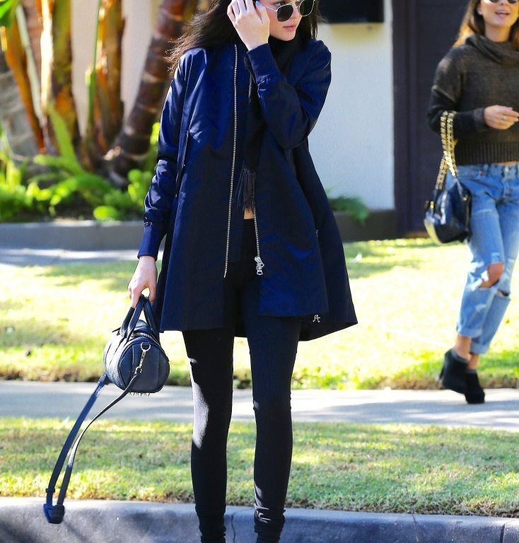 Splurge: Kendall Jenner’s Los Angeles Acne Navy Long Bomber Jacket and Alexander Wang Mini Rockie Bag