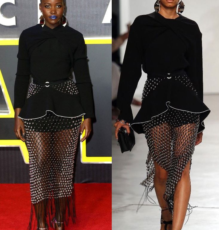 Hot! or Hmm… Lupita Nyong’o’s <em>Star Wars: Episode VII – The Force Awakens</em> European Premiere Proenza Schouler Spring 2016 Beaded Peplum Knot Blouse and Sheer Beaded Skirt