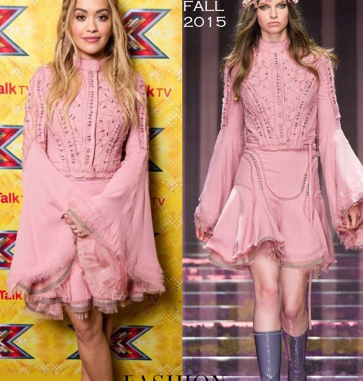 Hot! or Hmm… Rita Ora’s <em>X-Factor UK</em> Press Collective Atelier Versace Fall 2015 Pink Embellished Bell Sleeve Blouse and Mini Skirt