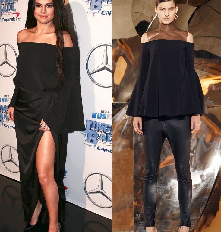 Hot! or Hmm… Selena Gomez’s 102.7 KIIS FM Jingle Ball 2015 Camilla and Marc Spring 2016 Black Off the Shoulder Top and High Waist Draped Slit Maxi Skirt