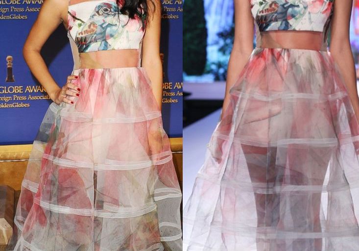 Hot! or Hmm… Corinne Foxx’s 73rd Annual Golden Globe Nominations Gauri & Nainika Illusion Bird Motif Watercolor Dress