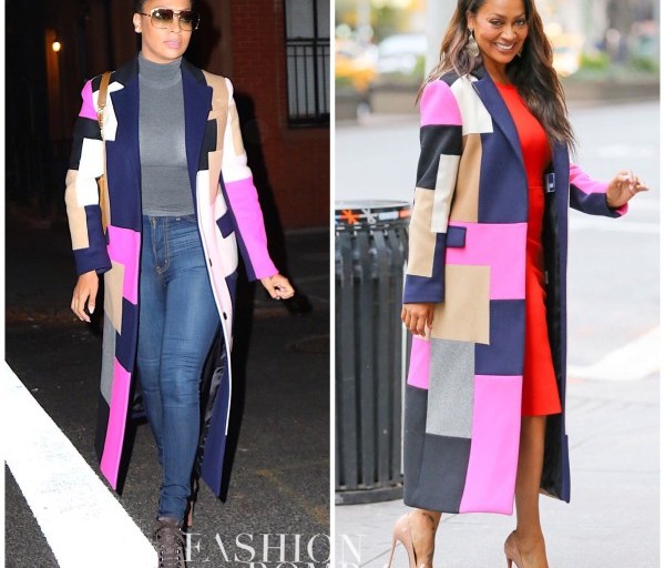 When Did She Wear It Better? Lala Anthony In MSGM’s Fall 2015 Pink, Tan, Black, Navy and Gray Patch Long Coat