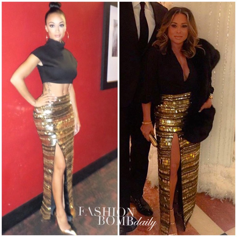 Who Wore It Better: Draya Michele vs. Tamia Hill in Virgos Lounge’s Gold Embellished Side Slit Maxi Skirt