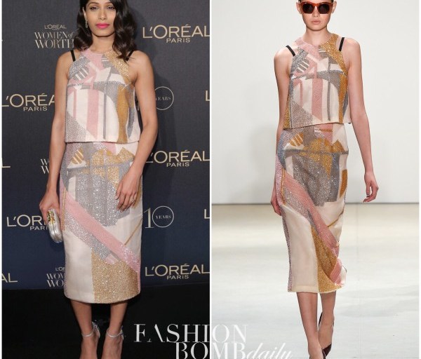 Hot! Or Hmm…? Freida Pinto’s 2015 L’Oreal Women Of Worth Celebrations Bibhu Mohapatra Spring 2016 Abstract Print Crystal Embellished Round Neck Top And Skirt