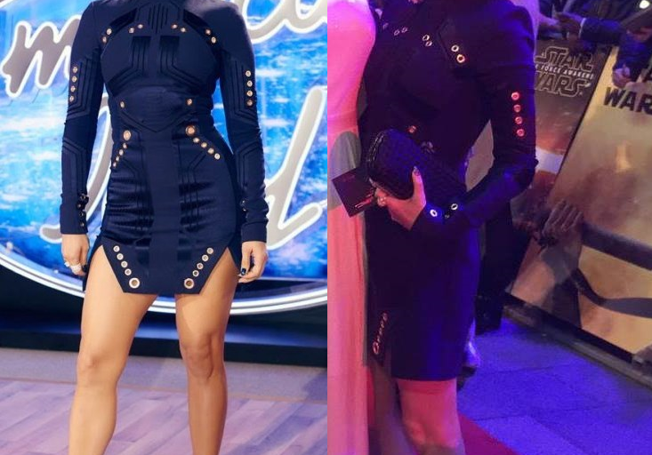 Who Wore It Better? Caroline Stanbury vs. Jennifer Lopez in Mugler’s Fall 2015 Navy Grommet Turtleneck Dress