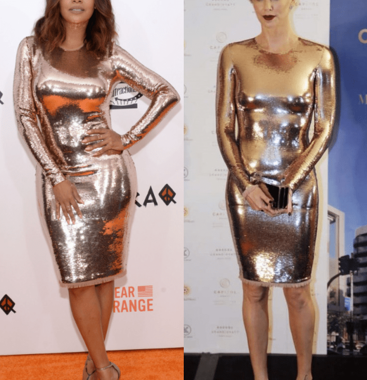 Who Wore It Better? LaLa Anthony vs. Charlize Theron in Tom Ford’s Rose Gold Sequined Tulle Dress