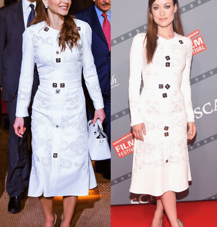Who Wore It Better? Queen Rania of Jordan vs. Olivia Wilde in Peter Pilotto’s Counter Crocheted Lace Paneled Embellished Cady Dress