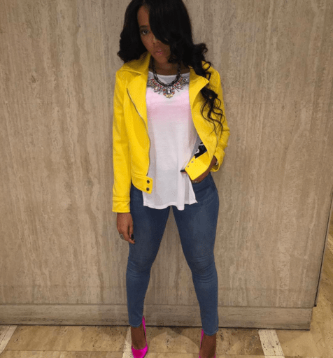 Wardrobe Query: Angela Simmons’s Jojo Simmons Baby Shower Vince Camuto Yellow Asymmetrical Mod Scuba Jacket and Brian Atwood Pink Silk Pumps