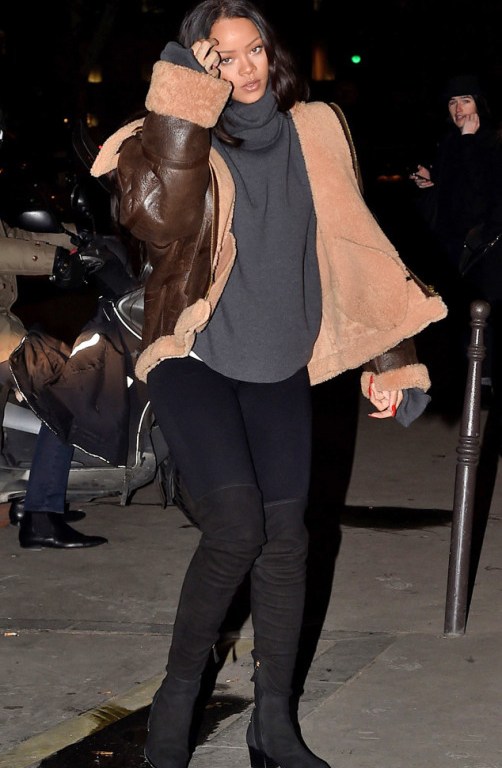 Hot! or Hmm…? Rihanna’s Paris Caviar Kaspia Les Vetements Brown Leather Shearling Jacket and Chanel Suede Over the Knee Boots