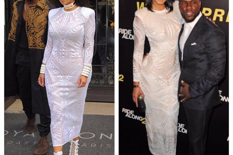 Who Wore it Better? Eniko Parrish vs. Kim Kardashian in Balmain’s Resort 2015 White Sheer Burnout Midi Dress