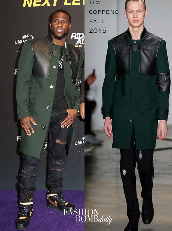 Men’s Fashion Flash: Kevin Hart’s <i>Ride Along</i> Germany Premiere Tim Coppens Fall 2015 Green Wool Leather Detailed Melton Coat
