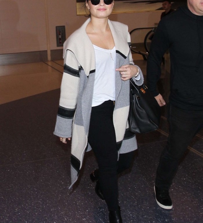 Get The Look: Demi Lovato’s LAX Airport Vince Colorblock Wide Collar Wool Cashmere Coat And Alexander Wang <i> Gabi </i> Cutout Heel Rosegold Tone Inset Leather Ankle Boots