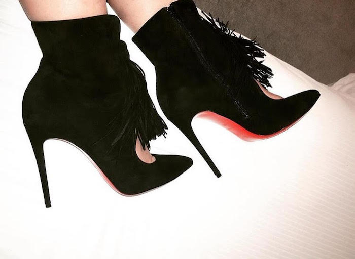 Splurge: Evelyn Lozada’s Instagram Christian Louboutin <i> Ottocarl </i> Black Suede Pointed Toe Fringe Ankle Boots