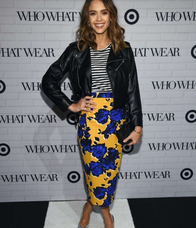 Steal: Jessica Alba’s Who What Wear x Target Launch Party Who What Wear x Target Black Minimal Moto Jacket, Black and White Bateau Stripe Tee, and Vintage Floral Pencil Skirt