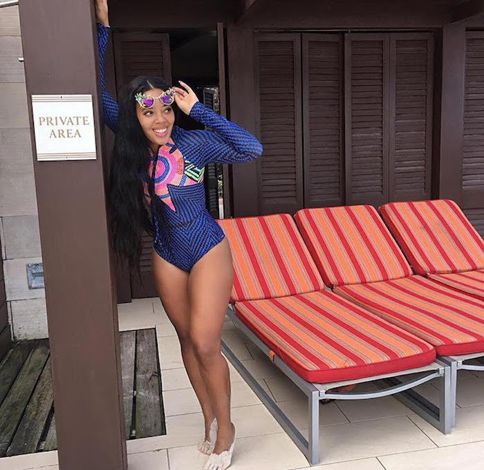 Splurge: Angela Simmons’s Instagram Mara Hoffman Multicolored Navy Print Long Sleeve Surf Suit