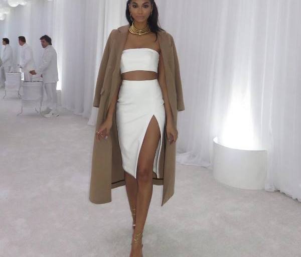 Look for Less: Chanel Iman’s Instagram Balmain x H&M Gold Coil Necklace, Vatanika White Bandeau, High Wait Slit Pencil Skirt, and Gianvito Rossi Gold Strappy Sandals
