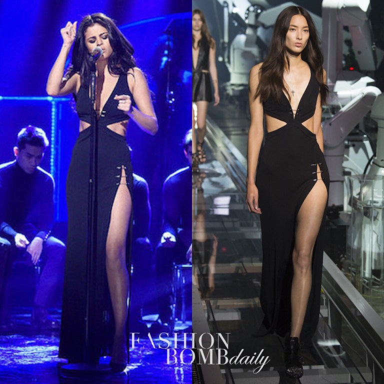 Hot! Or Hmm…: Selena Gomez’s SNL Performance Spring 2016 Philipp Plein Black Plunging Cut Out Side Slit Gown