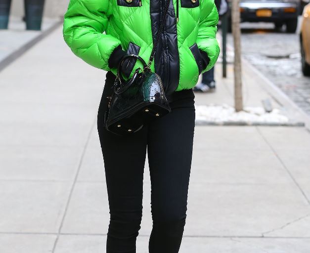 Splurge: Jessie J’s New York City Moschino Green and Black Puffer Jacket and Louis Vuitton Black Alma BB Monogram Vernis Bag