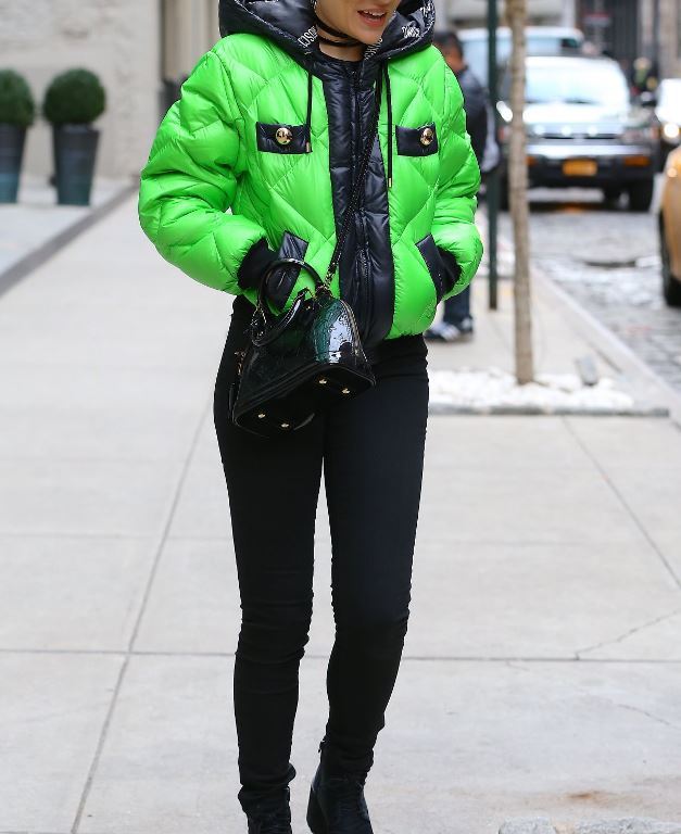 Splurge: Jessie J’s New York City Moschino Green and Black Puffer Jacket and Louis Vuitton Black Alma BB Monogram Vernis Bag