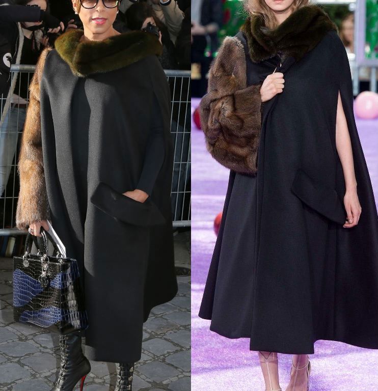 Hot! or Hmm… Marjorie Harvey’s Christian Dior Spring 2016 Couture Show Christian Dior Fall 2015 Couture Black Fur Collar and Asymmetric Sleeve Cape, Blue and Cobalt Croc Lady Dior Bag, and Christian Louboutin Black Leather Top Croche Over the Knee Boots