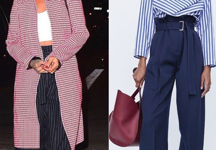 Hot! or Hmm… Rihanna’s Nobu Celine Resort 2016 Red and White Check Coat, Navy and White Stripe High Waist Trousers, Pierre Hardy Fur Sneakers, and Mark Cross Benchley Box Tote