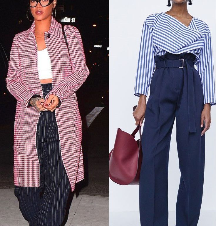 Hot! or Hmm… Rihanna’s Nobu Celine Resort 2016 Red and White Check Coat, Navy and White Stripe High Waist Trousers, Pierre Hardy Fur Sneakers, and Mark Cross Benchley Box Tote
