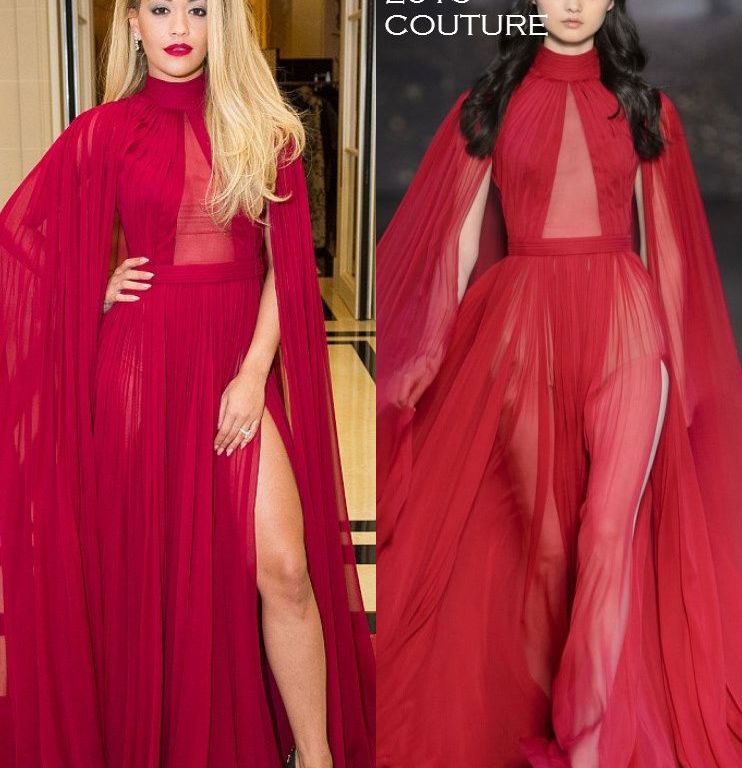Hot! or Hmm… Rita Ora’s Ralph & Russo Chopard Dinner Ralph & Russo Fall 2015 Couture Red High Neck Sheer Pleated Cape Gown