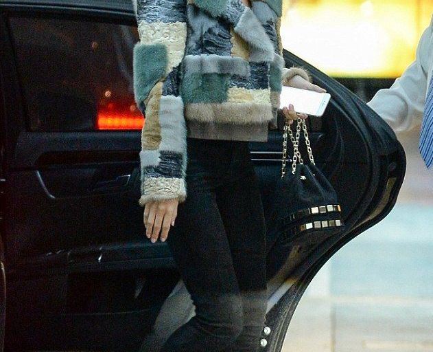 Splurge: Rosie Huntington-Whiteley’s SoHo House Etro Patchwork Fur Cropped Jacket, Gianvito Rossi Embellished Glam Ankle Strap Sandals, and Tomasini Paris Et20 Suede Bucket Bag