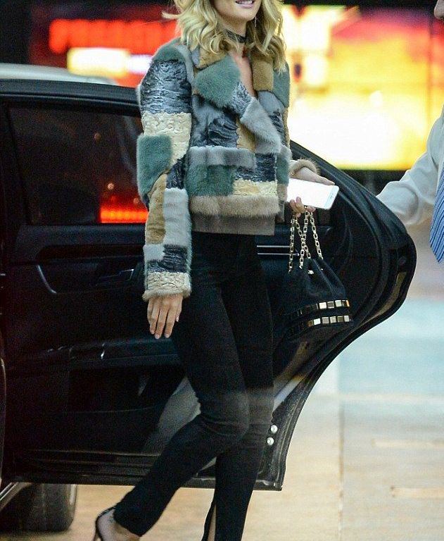 Splurge: Rosie Huntington-Whiteley’s SoHo House Etro Patchwork Fur Cropped Jacket, Gianvito Rossi Embellished Glam Ankle Strap Sandals, and Tomasini Paris Et20 Suede Bucket Bag