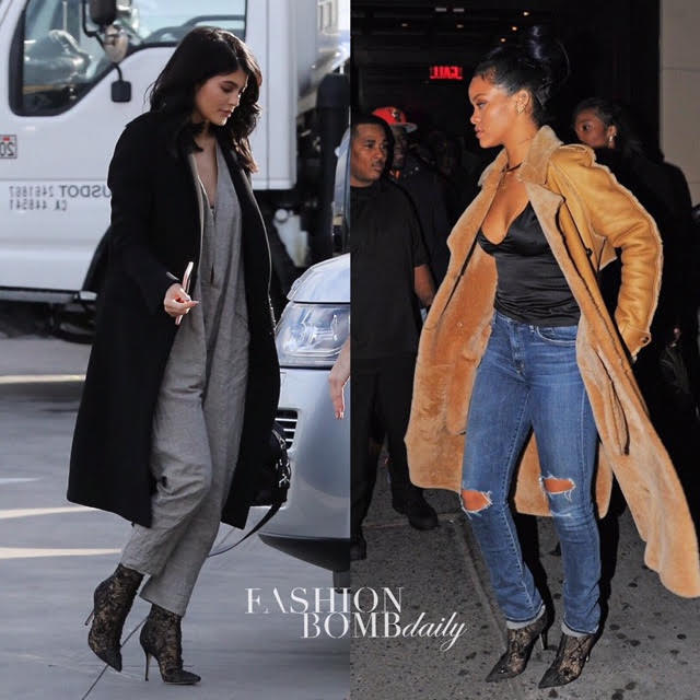 Who Wore It Better? Kylie Jenner vs. Rihanna In Dior’s Black Pointed Toe Lace Ankle Booties