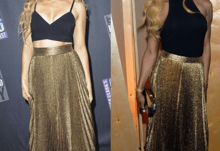 Who Wore It Better? Rachel Platten vs. Laverne Cox in alice + olivia’s Katz Gold Pleated Metallic Maxi Skirt