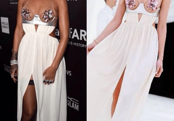 Who Wore It Better? Nicola Peltz vs. Rihanna in Tom Ford’s Spring 2015 White Cutout Slit Dress with Purple Embellished Cups