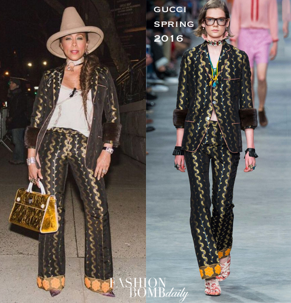 Hot! or Hmm…: Marjorie Harvey’s Marc Jacobs Show Gucci Spring 2016 Mens Wool and Mink Printed Suit + Her DKNY Fashion Show Blue Feathered Jumpsuit