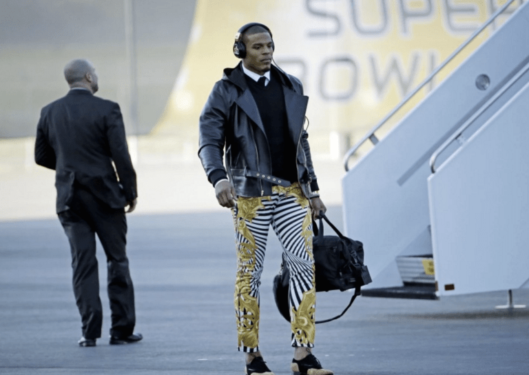 Men’s Fashion Flash: Cam Newton’s Versace Yellow Barocco Zebra Print Jeans and Giuseppe Zanotti Black Suede Lace-up Brogues