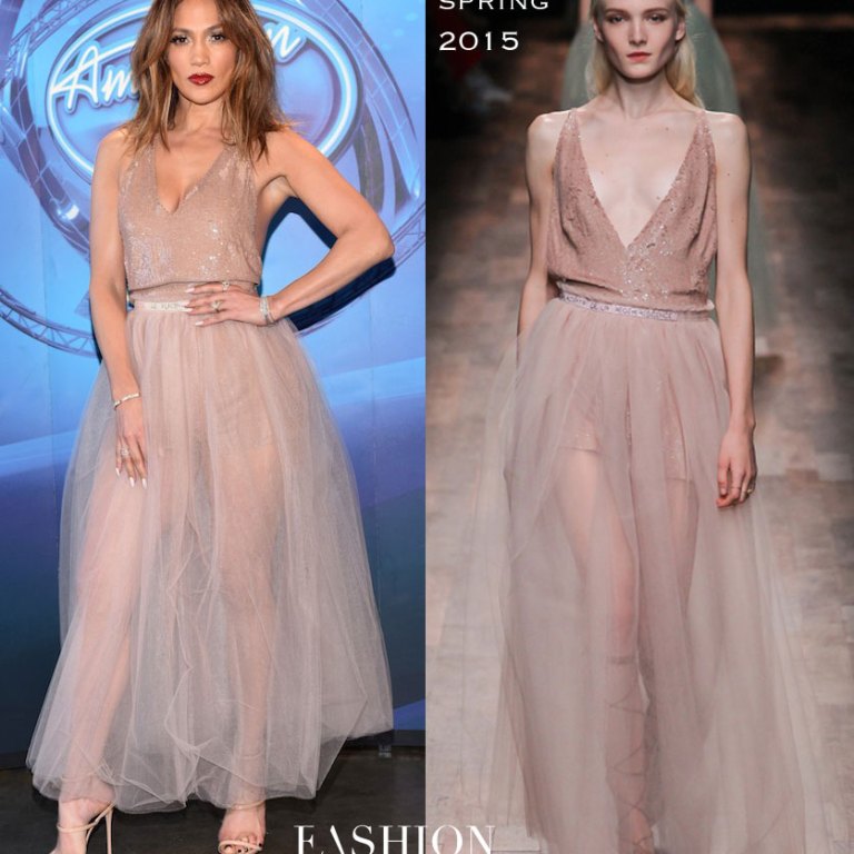 Hot! or Hmm…: Jennifer Lopez’s American Idol Valentino Spring 2015 Blush Pink Bodysuit and Tulle Maxi Skirt, and Giuseppe Zanotti Triple Strap Sandals