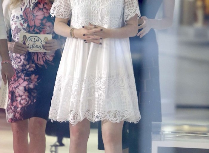 Get The Look: Kylie Jenner’s Today Show Kendall + Kylie White High Neck Lace Detail Baby Doll Short Sleeve Dress And Triple Strap Front Pointed Toe Pumps