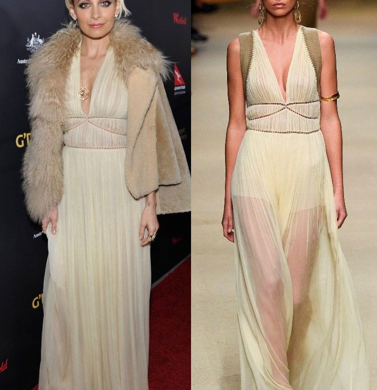 Hot! or Hmm… Nicole Richie’s 2016 G’Day Los Angeles Gala Opening Ceremony Beige Shearling Coat and Alberta Ferretti Spring 2016 Pleated Gown