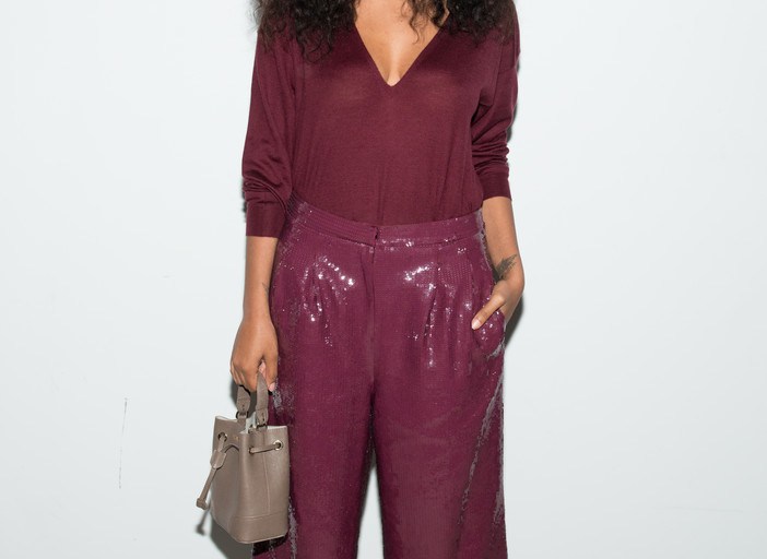 Splurge: Solange Knowles’s Tibi Fall 2016 Show Tibi Plum Featherweight Cashmere V-Neck Pullover, All Over Sequin Nerd Pants, and Furla Mini Stacy Leather Bucket Bag