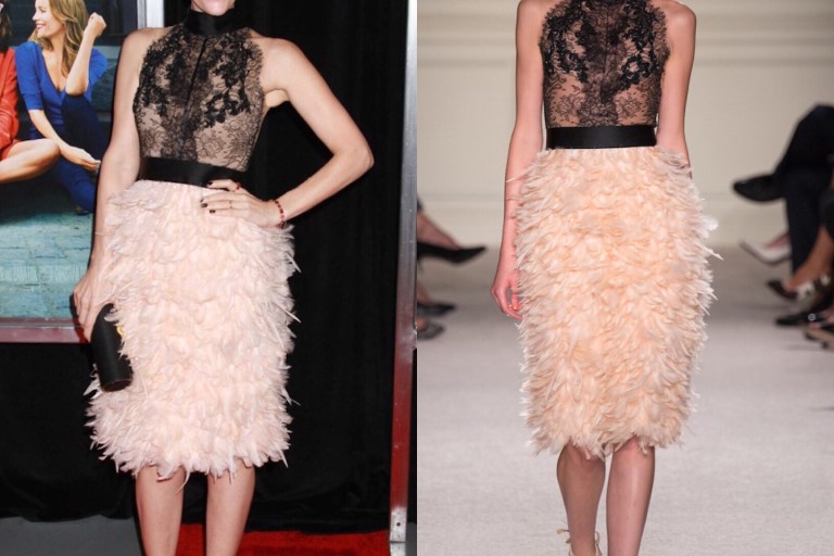 Hot! Or Hmm…: Leslie Mann’s <i> How To Be Single New York Premiere </i> Spring 2016 Marchesa High Neck Black Lace And Blush Feather Detail Sleeveless Dress