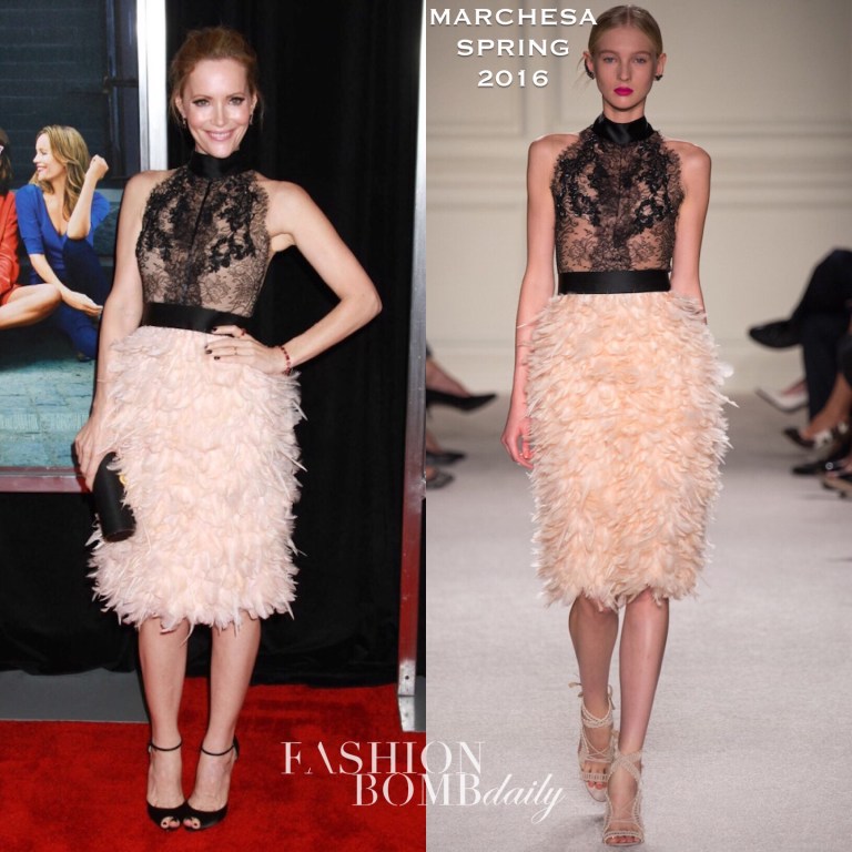Hot! Or Hmm…: Leslie Mann’s <i> How To Be Single New York Premiere </i> Spring 2016 Marchesa High Neck Black Lace And Blush Feather Detail Sleeveless Dress