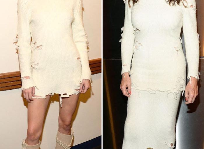 Who Wore It Better: Kendall Jenner vs. Caitlyn Jenner In Yeezy Season 3 Cream Turtle Neck Distressed Long Sleeve Sweater Dress