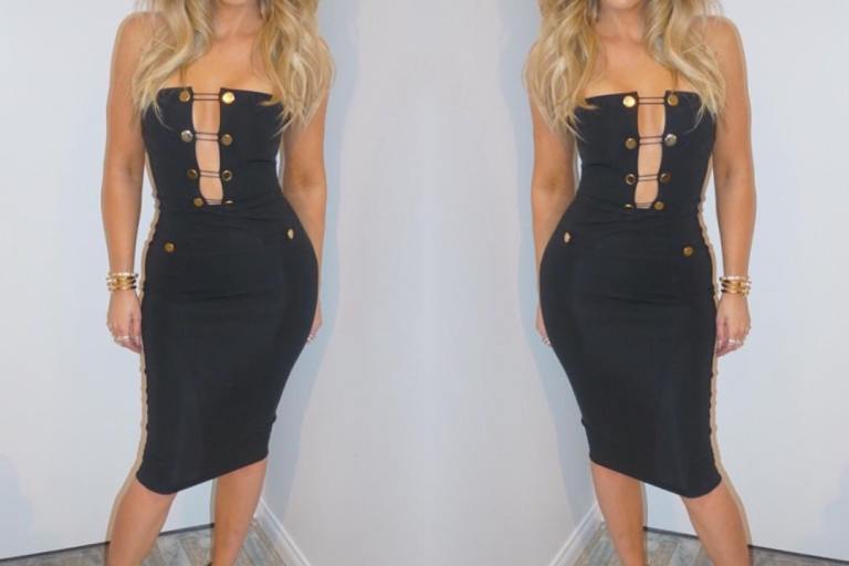 Splurge: Khloe Kardashian’s Instagram Cushnie et Ochs Black Strapless Button Front Sheath Dress