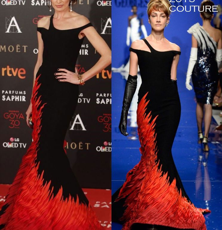 Hot! or Hmm… Nieves Alvarez’s 30th Annual Goya Film Awards Georges Chakra Fall 2015 Couture Black Off the Shoulder Ombre Flame Embroidered Gown