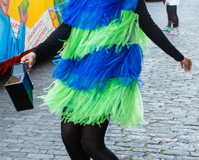 Hot! Or Hmm…: Solange Knowles’s New Orleans <i> Krewe of Muses Parade </i> Moschino Spring 2016 Fringe Tiered Blue And Green Dress