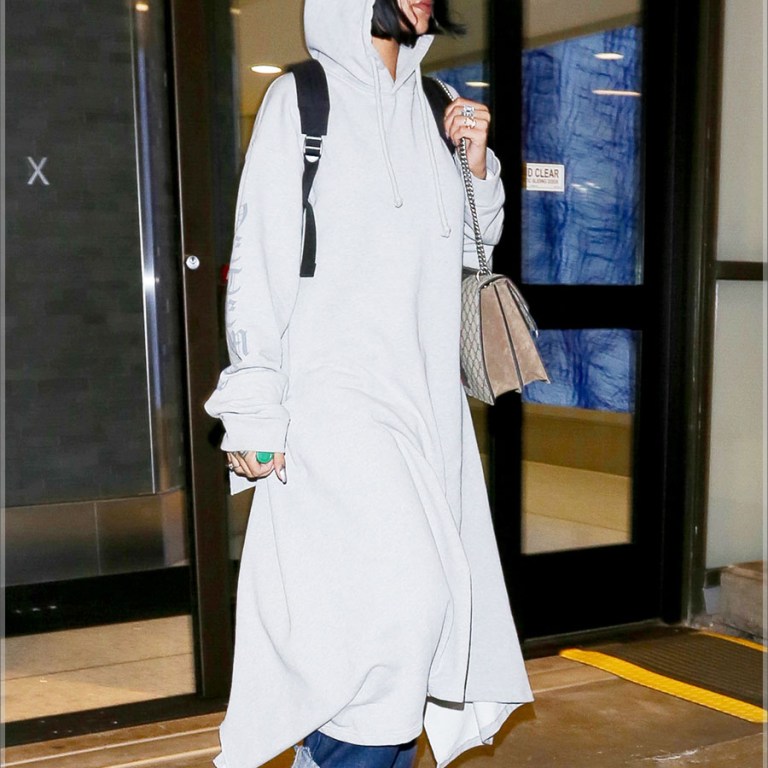 Hot! or Hmm…: Rihanna’s LAX Airport Les Vetements Extra Long Paneled Gray Sweatshirt Dress